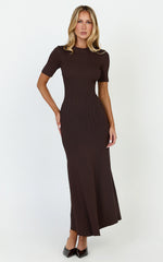 Lanie Midi Dress - Knitted Crew Neck Short Sleeve Dress in Chocolate