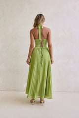 Paradise Falls Plisse Halter Maxi Dress Lime Green