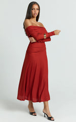 Perla Midi Dress - Off The Shoulder Sleeve Drop Waist Dress in Red