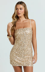Lily Mini Dress - Sequin Square Neck Shift Dress in Gold