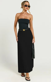 Harlee Midi Skirt - Pleated High Waist A Line Skirt in Black