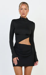 Tallulah Mini Dress - High Neck Side Ruched Cut Out Dress in Black