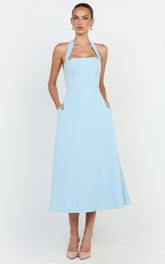 Karissa Midi Dress - Halter Neck Fitted Bodice Midi Soft A Line Skirt Dress in Pale Blue