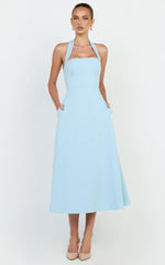 Karissa Midi Dress - Halter Neck Fitted Bodice Midi Soft A Line Skirt Dress in Pale Blue