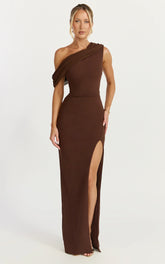 Helen Maxi Dress - One Shoulder Draped Fitted Dress in Chocolate