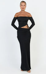 Tallulah Maxi Dress - Off Shoulder Long Sleeve Side Ruched Cut Out Dress in Black