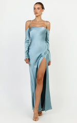 Isabella Maxi Dress - Off Shoulder Long Sleeve Satin Dress in Blue
