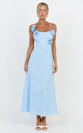 Ondine Midi Dress - 3D Flower Strappy Dress in Blue