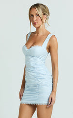 Becker Mini Dress - Strappy Bustier Ruched Bodycon Dress in Blue