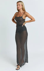 Dalton Maxi Dress - Cowl Neck Tie Back Dress in Black/White Polkadot