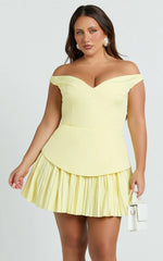 Izara Mini Dress - Off Shoulder Pleated Dress in Lemon