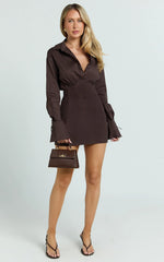 Gino Mini Dress - Collared Button Down Corset Waist Shirt Dress in Chocolate