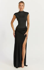 Grace Maxi Dress - Cap Sleeve Asymmetric Split Dress in Black