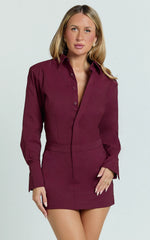 Lorrie Mini Dress - Long Sleeve Shirt Dress in Wine