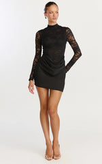 Thalassa Mini Dress - Turtle Neck Long Sleeve Drape Bias Cut Dress in Black