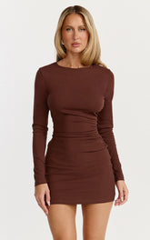 Brielle Mini Dress - Long Sleeve Ruched Bodycon Dress in Chocolate