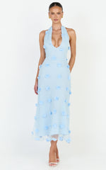Azalea Midi Dress - Halter Neck 3D Floral Fit And Flare Dress in Blue
