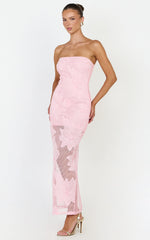 Sienna Midi Dress - Strapless Floral Embroidered Bodycon Dress in Pink