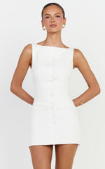 Adela Mini Dress - Mock Button Thru Boat Neck Dress in White
