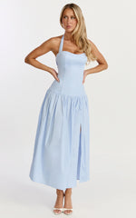 Nyx Midi Dress - Halter Neck Drop Waist Dress in Blue