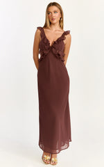 Alessa Midi Dress - V Neck Frill Detail Empire Waist Back Cut Out Dress in Brown