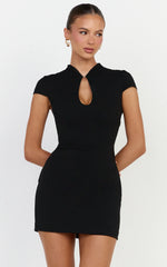 Briony Mini Dress - High Neck Front Key Hole Fitted Dress in Black