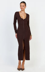 Zayla Midi Dress - Long Sleeve Button Front Bodycon Dress in Chocolate