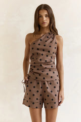 Seeking The Sun Polka Dot One Shoulder Top Brown