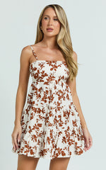 Lorelle Mini Dress - Straight Neck Tiered Dress in Shadow Floral