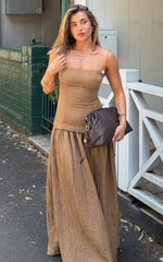 Edie Maxi Dress - Straight Neck Gathered Drop Waist Dress in Brown