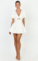 Rosalie Mini Dress - Floral Jacquard V Neck Fit and Flare Dress in White