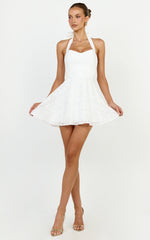 Seraphina Mini Dress - Halter Neck Clipped Jacquard Dress in White