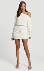 Alyce Mini Dress - Long Sleeve One Shoulder Dress in Off White