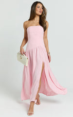 Nadiane Midi Dress - Strapless Asymmetric Drop Waist Dress in Pink