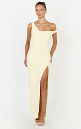 Rina Maxi Dress - Off Shoulder High Split Dress in Lemon