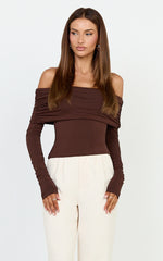 Jolie Top - Off Shoulder Long Sleeve Gathered Top in Chocolate
