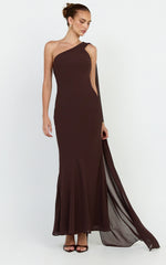 Carmilla Maxi Dress - One Shoulder Scarf Dress in Chocolate