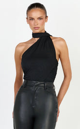 Lucienne Bodysuit - One Shoulder Draped Scarf Bodysuit in Black