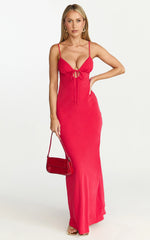 Arlette Midi Dress - Strappy V Neck Under Bust Gathered Tie Front Bias Slip Skirt Dress in Red