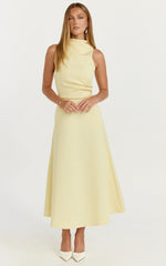 Macy Midi Dress - High Neck A Line Dress in Lemon