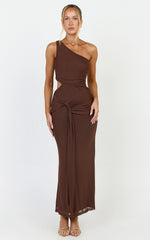 Mandy Midi Dress - Knot Detail Cut Out Mesh Dress in Chocolate