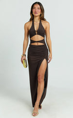 Yuna Maxi Dress - Halter Neck Ruched Cut Out Bodycon Dress in Chocolate