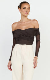 Opal Bodysuit - Long Sleeve Wrapped Off Shoulder Bodysuit in Chocolate