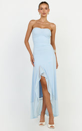 Oceana Maxi Dress - Strapless Sweetheart Neckline Mesh Dress in Blue
