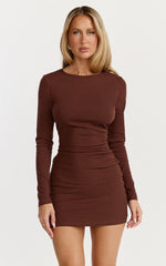 Brielle Mini Dress - Long Sleeve Ruched Bodycon Dress in Chocolate
