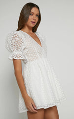 Freya Mini Dress - Puff Sleeve V Neck A Line Dress in White