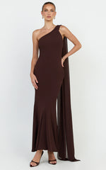 Carmilla Maxi Dress - One Shoulder Scarf Dress in Chocolate