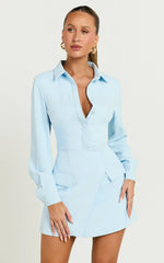 Wanda Mini Dress - Long Sleeve Faux Wrap Dress in Blue