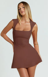 Sakura Mini Dress - Square Neck Wide Strap A Line Skirt Dress in Chocolate