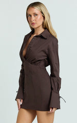 Gino Mini Dress - Collared Button Down Corset Waist Shirt Dress in Chocolate